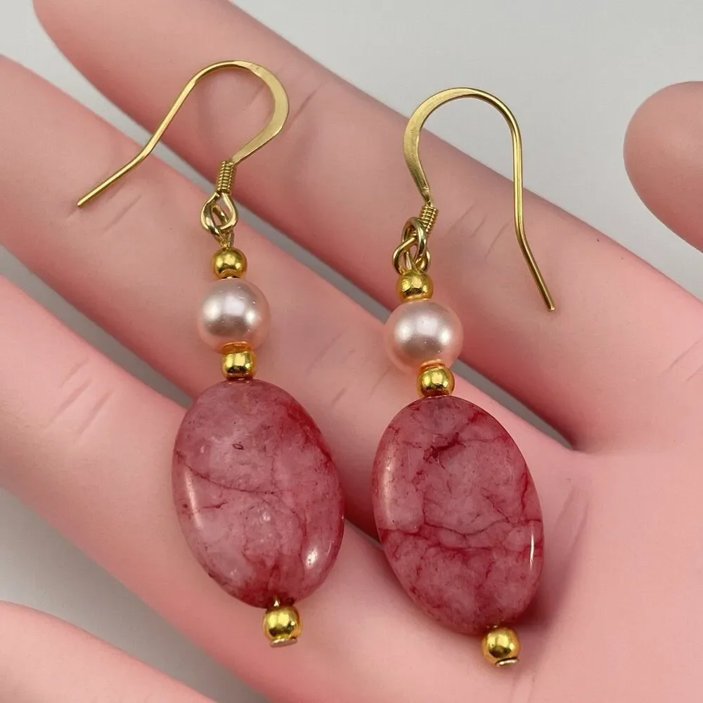 18K Gold Plated Pink Quartz Pink Glass Pearl Beaded Dangle Earrings Boho Cute